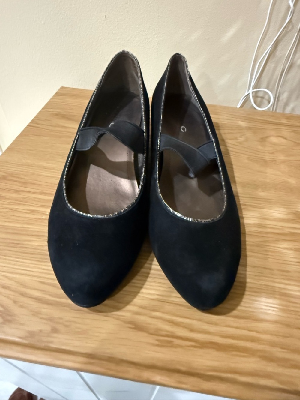 DKNYC Black Suede Wedge Flats with Metallic Trim